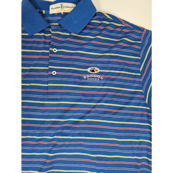 BANDON DUNES Fairway and Greene Golf Casual Polo Shirt M Blue w/ Colored Striped - Picture 2 of 5
